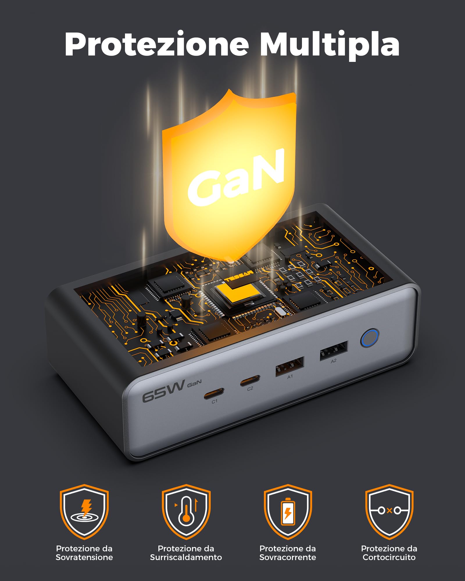 TESSAN Caricatore USB C, 6-in-1 Alimentatore con 2 prese CA, GaN PD 65W Caricabatteria Carica Rapida con interruttore, Presa USB con cavo di prolunga da 1,5 m per telefoni cellulari, tablet e laptop