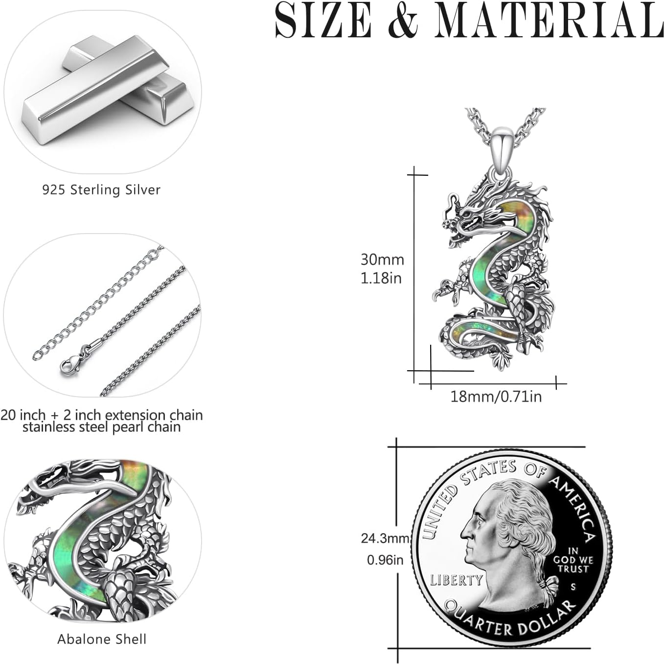 Dragon Necklace for Women Men 925 Sterling Silver Abalone Dragon Pendant Necklace Vintage Jewelry Gift for Women Men - Image 5