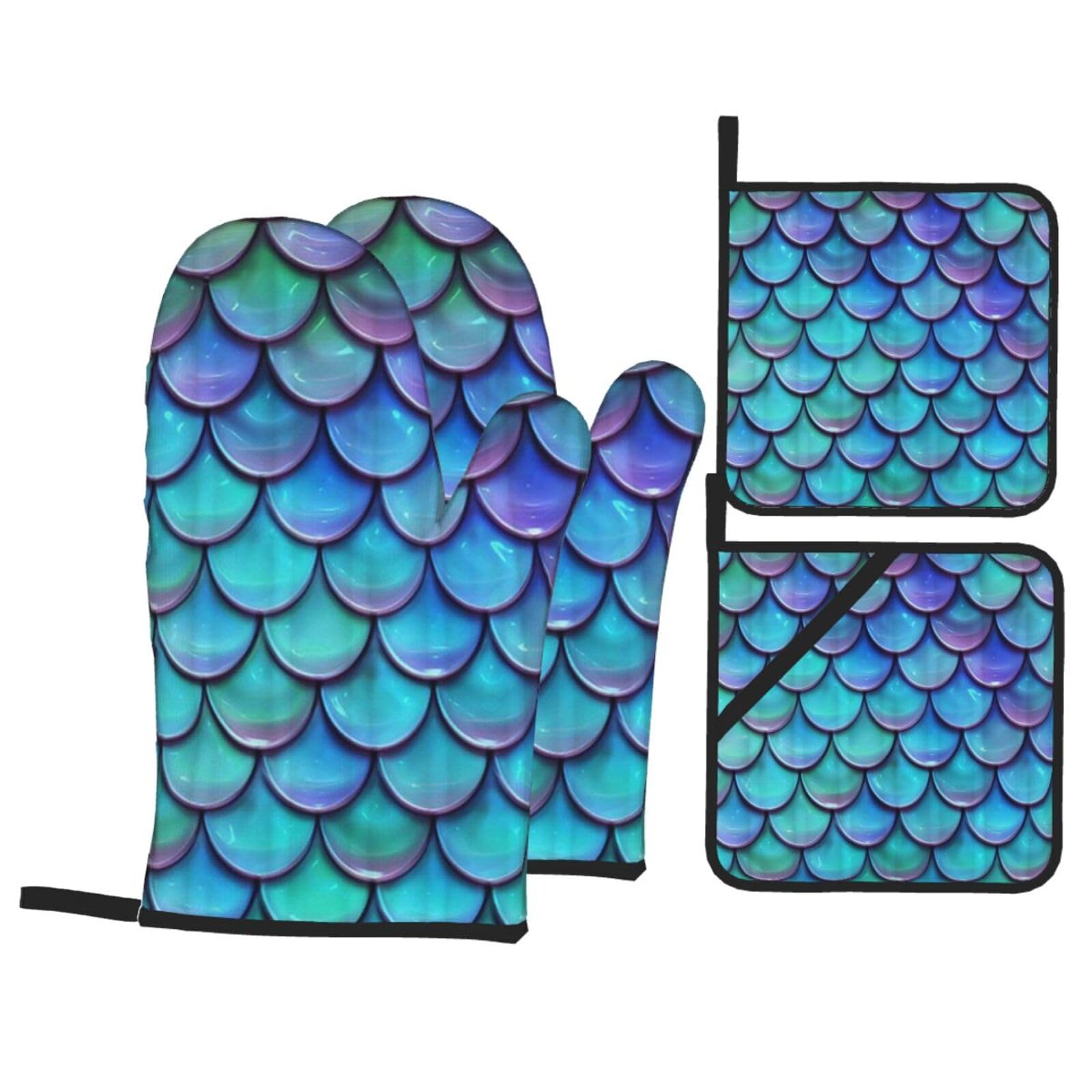 Mermaid Teal Fish Print Stylish Heat-Resistant Oven 4-Piece Set Kitchen Gloves Roasting Daily Cooking