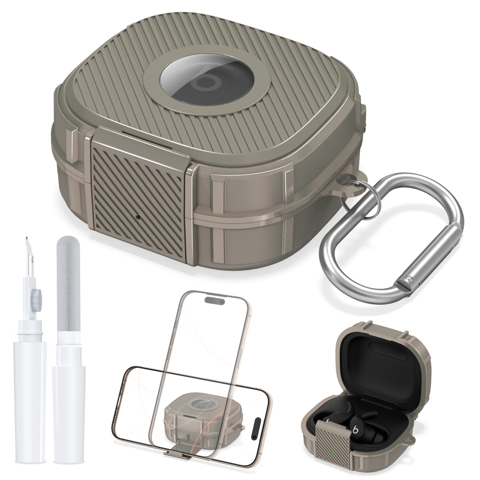 Photo 1 of [Secure Lock] for Beats Powerbeats Fit Case with Phone Stand, Shockpoof Protective Skin Cover Case for Beats Powerbeats Fit Earbuds 2025 with Cleaner Kit & Keychain (Grey)