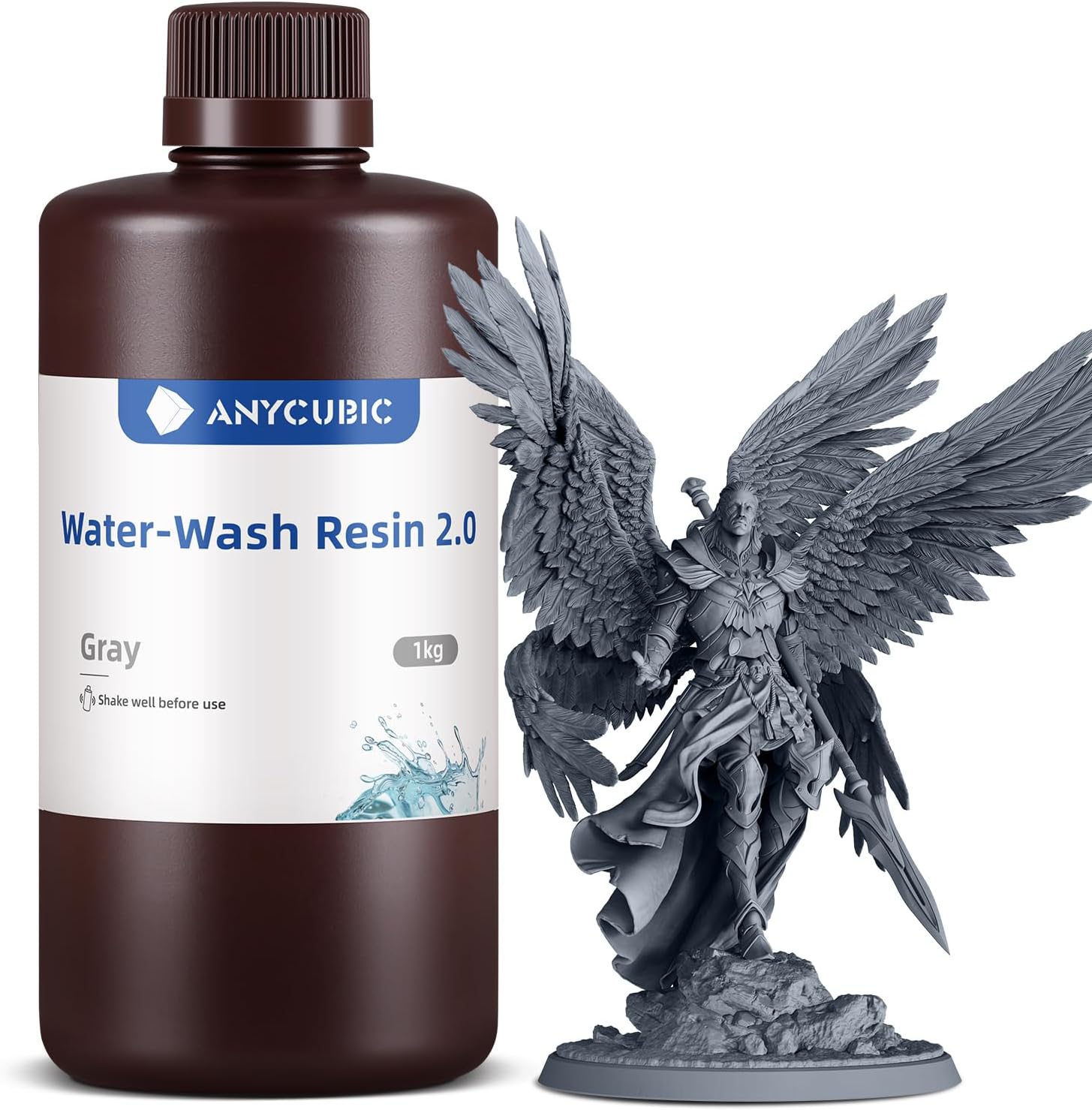 Water Washable 3D Printer Resin 2.0 with Easy Post-Processing, High Precision and High Resilience, Low Odor and Anti-Yellowing 3D Resin for LCD/DLP Printers(Grey,1kg)