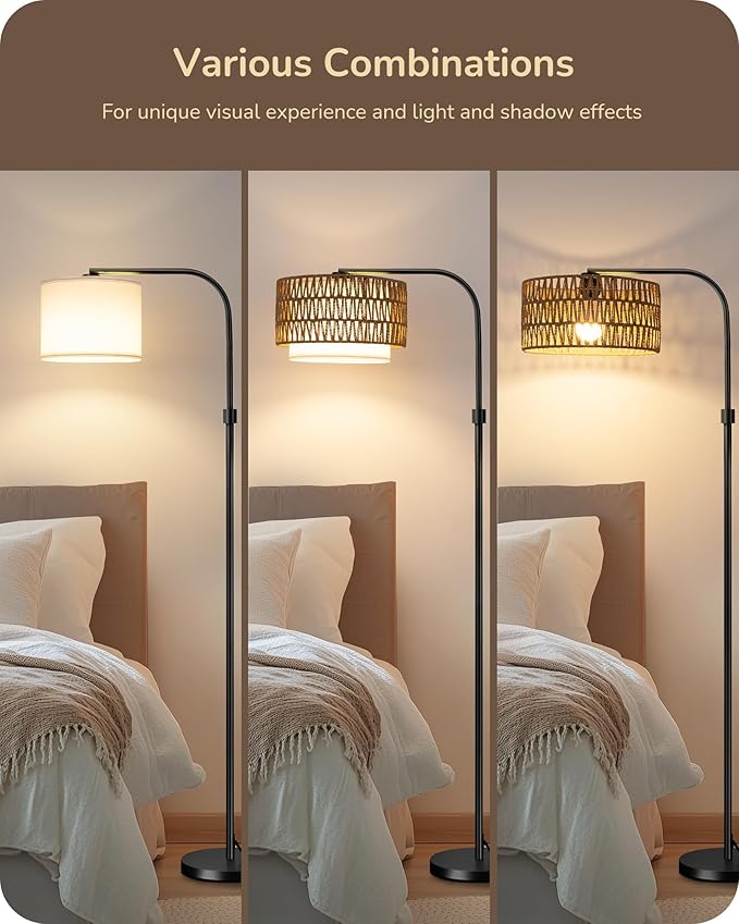EDISHINE EDISHINE Arc Floor Lamps for Living Room Rattan Boho Floor Lamp with Remote Control,Dimmable Standing Lamp Wicker Lamp Shades Black Standing Lamp with 5 Color Temperature Tall Floor Lamps for Bedroom photo 2