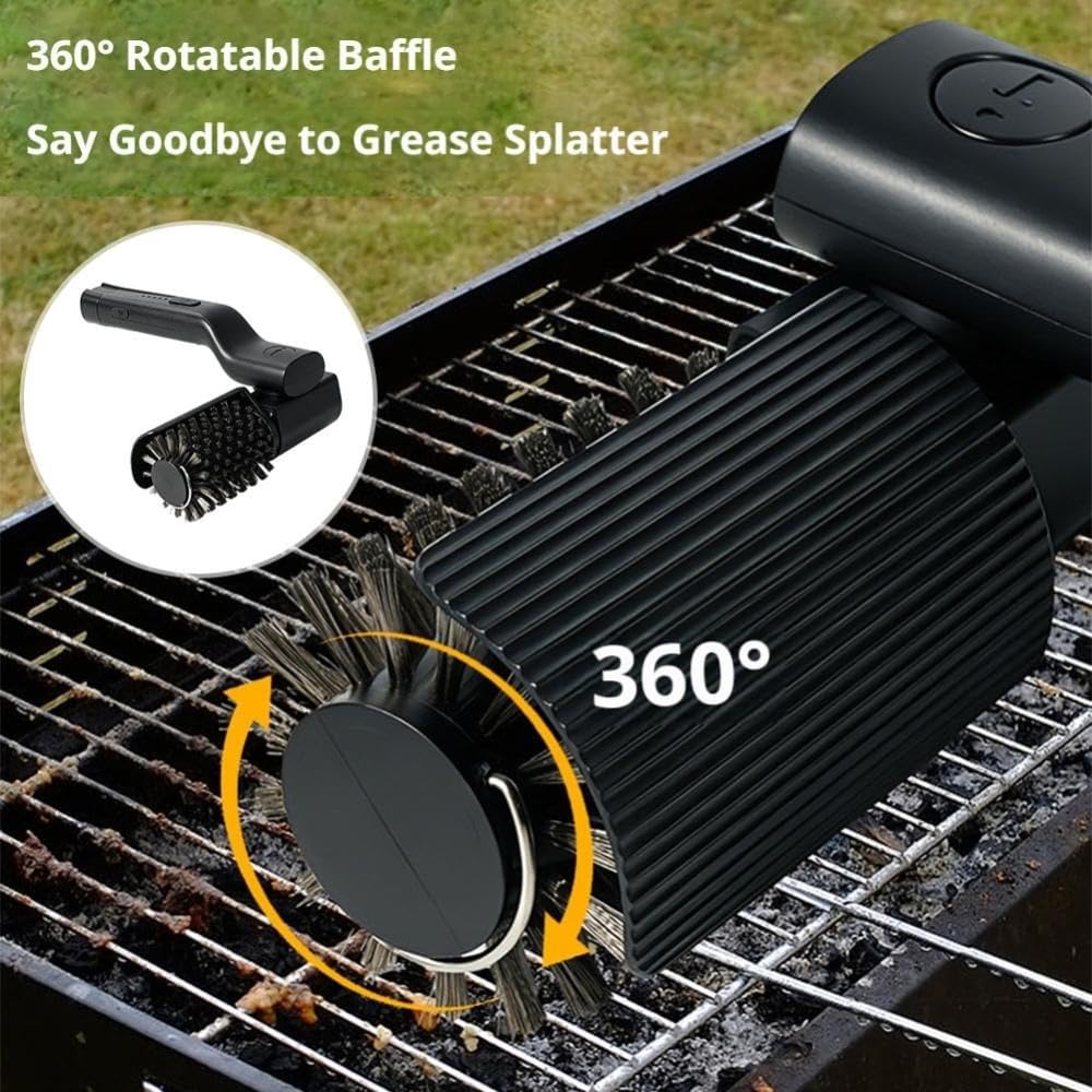 Spazzola elettrica per griglia, ricaricabile, ad alta coppia, spazzola rotante a 2 velocità, testa in acciaio inossidabile 304, setole anti-spargimento per manutenzione barbecue all'aperto