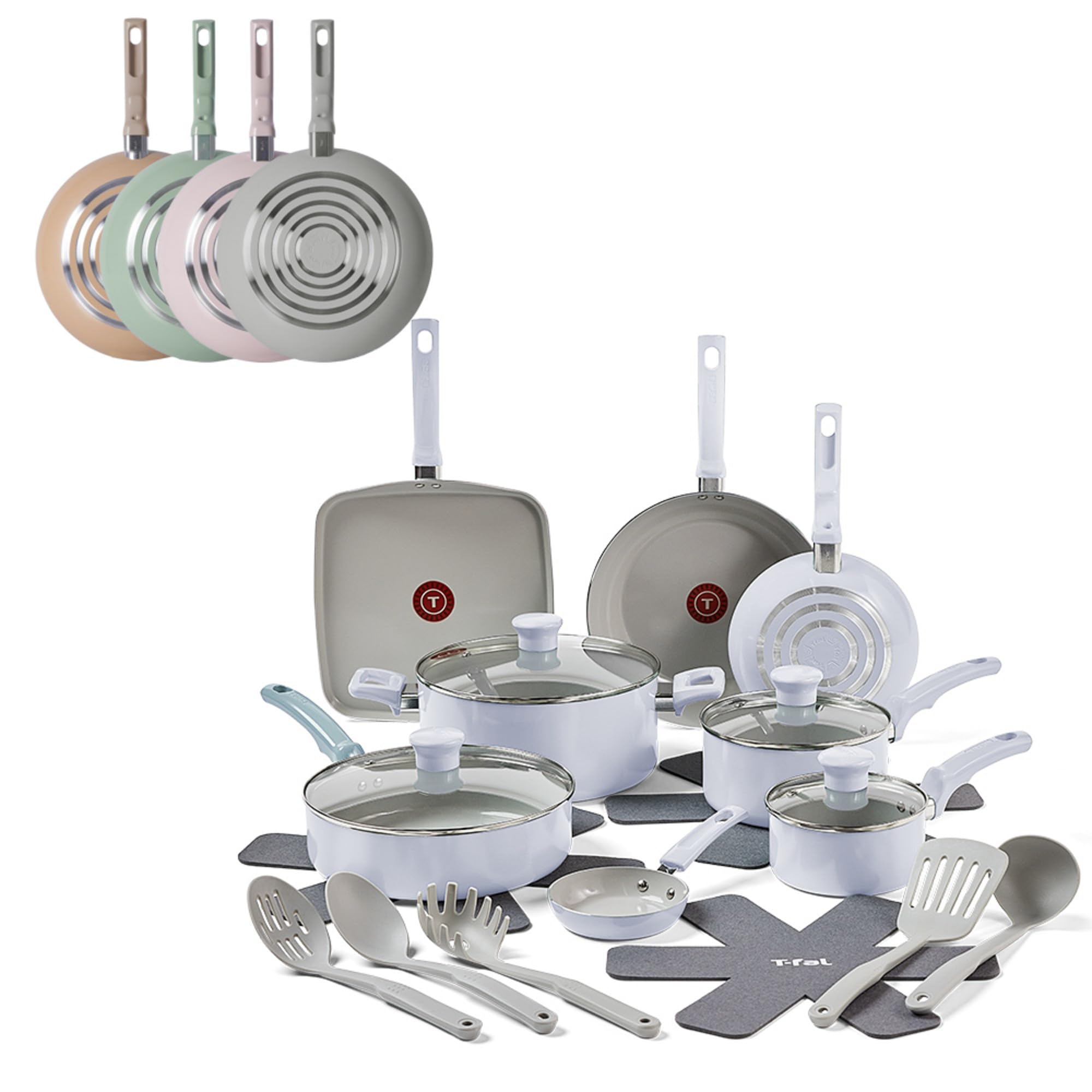 TefalRefresh Ceramic, Ceramic Non Stick Cookware Set 20 Piece, Oven Broiler Safe 350F, Kitchen Set w/Egg Pan, Frying Pans, Saucepans, Griddle, Sautepan, Dutch Oven, Lids & Utensils, Pots, Pans, Blue