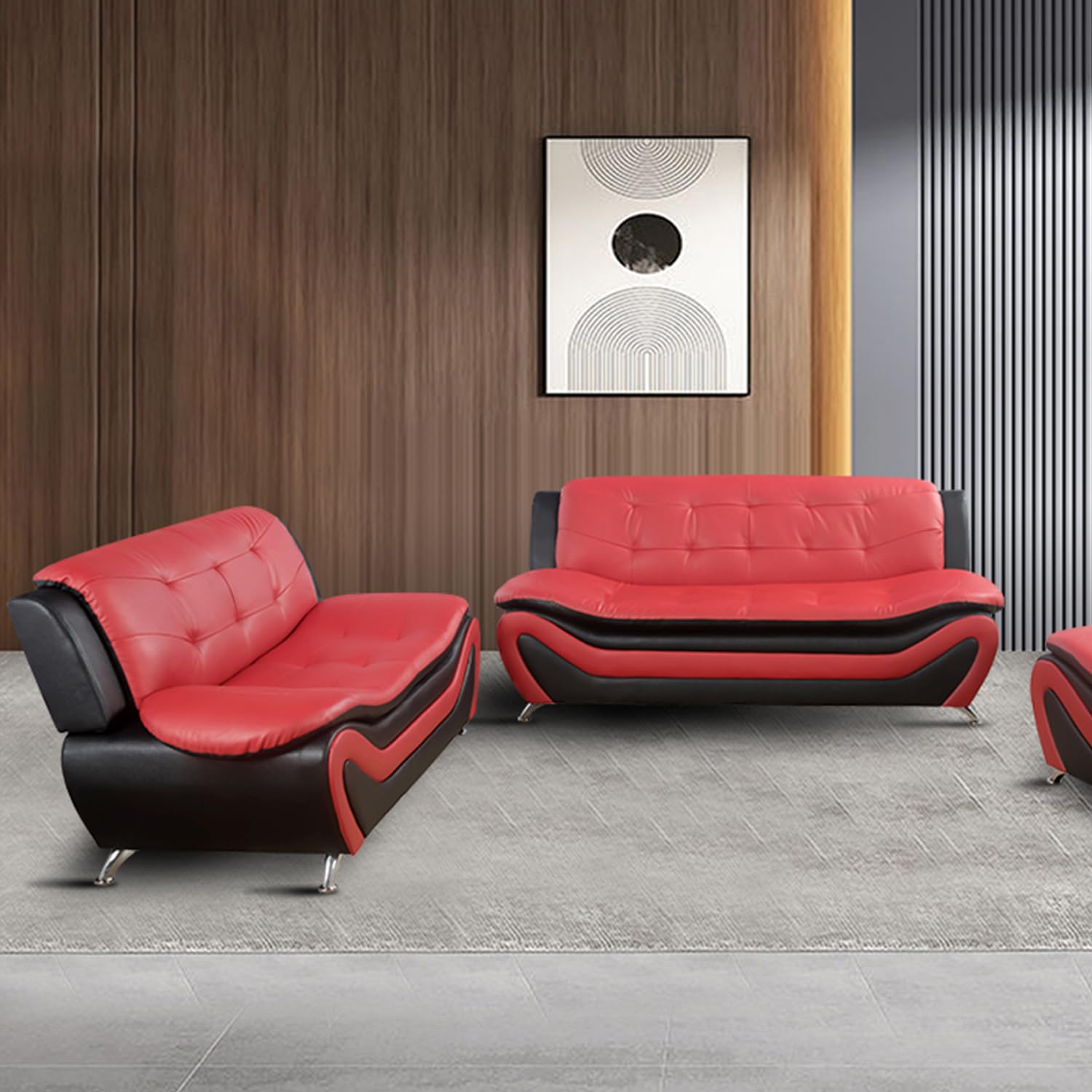 LS Modern 2-Piece Sofa Loveseat Set - Black & Red Faux Leather Gel, Living Room Furniture