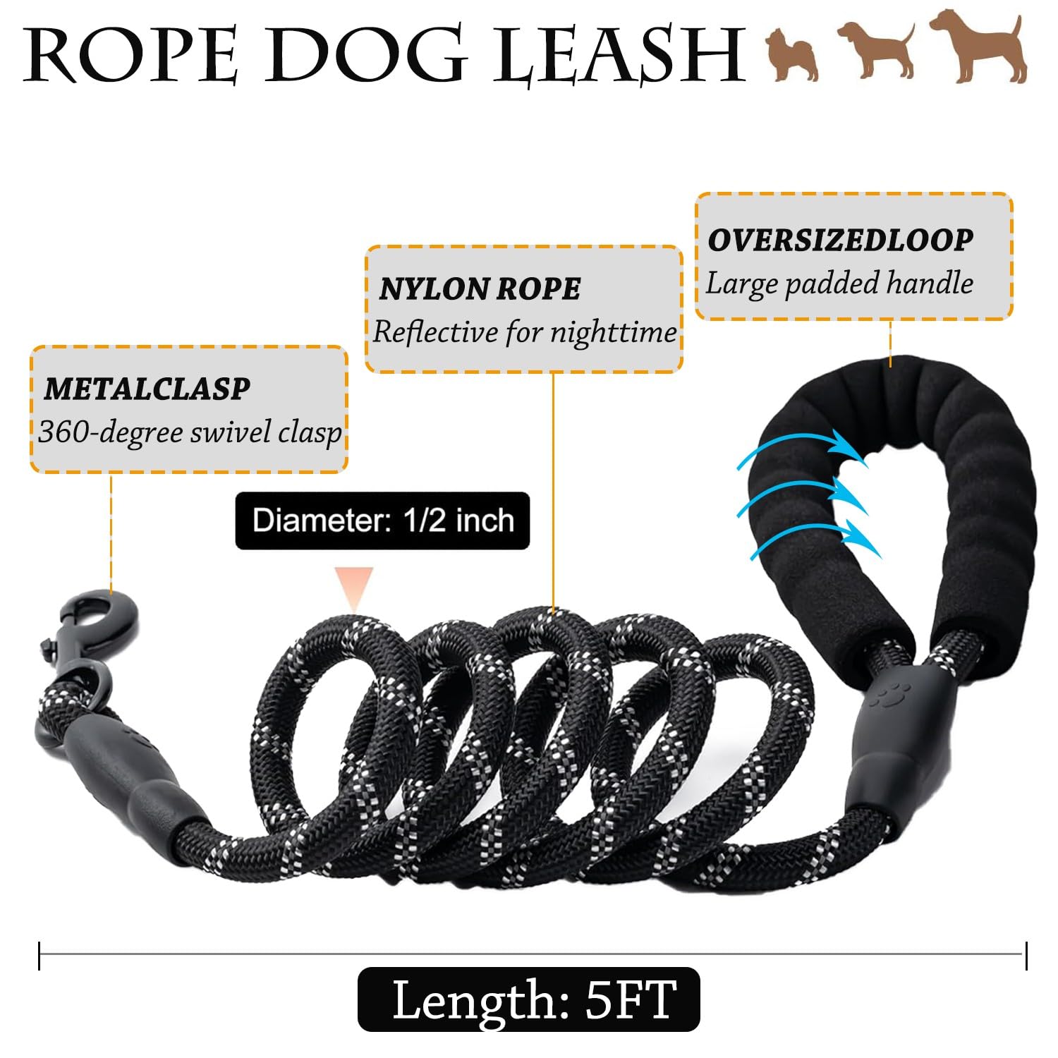 Denipry Dog Lead 5 FT Heavy Duty Nylon Rope Pet Leash with Comfortable Padded Handle, Metal Sturdy Clasp - Image 2