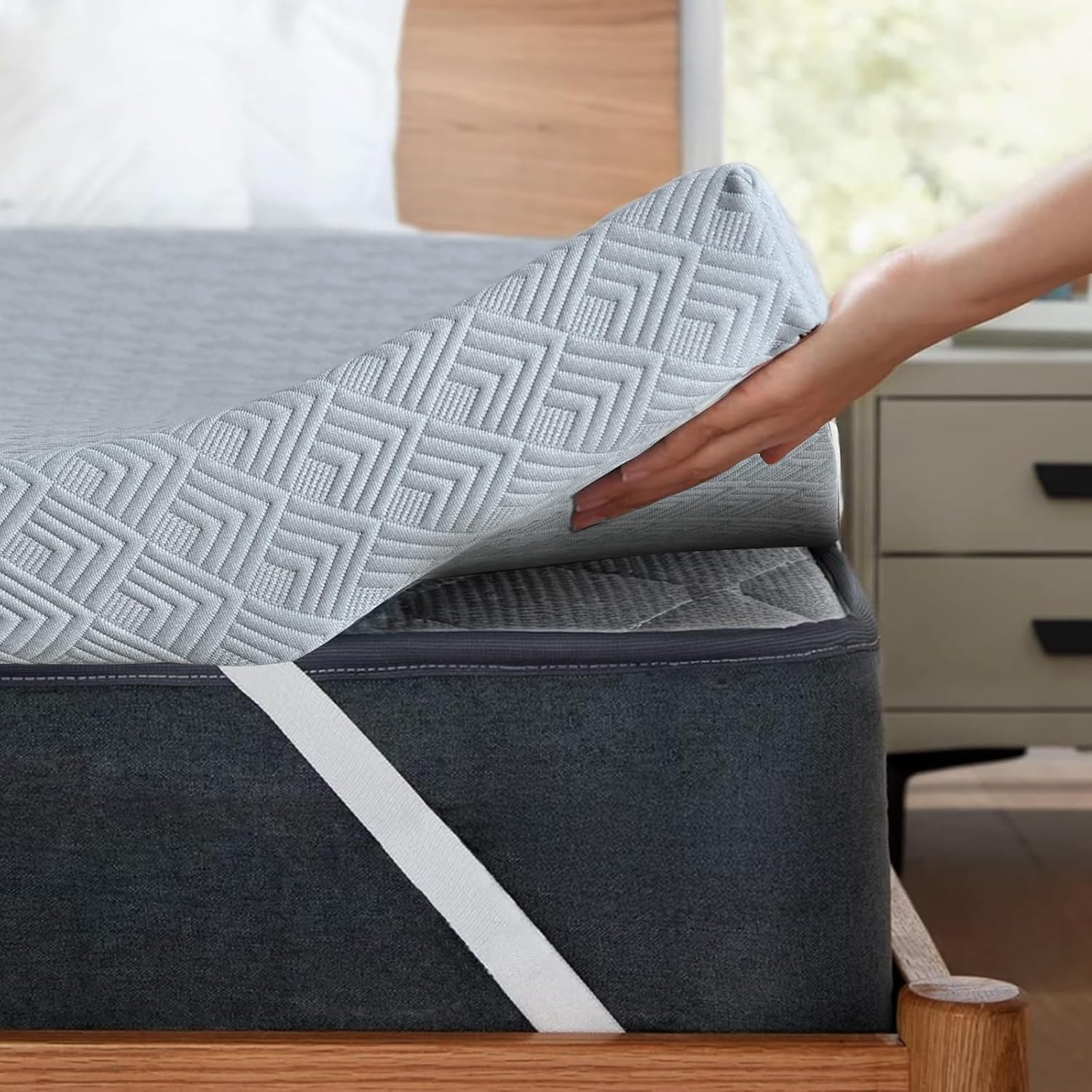 Tiita 3 Inch Queen Mattress Topper, Breathable Foam Bed Pad | Removable washable cover. 4 non-slip corner straps keep pad securely in place. Upgrades mattress comfort,Grey