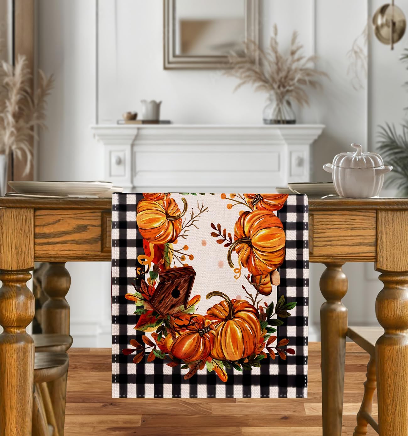 Fall Decorations for Home, Pumpkin Plaid Leaf Fall Thanksgiving Table Decor Kitchen Table Home Party Decorations 13x72 Inch CY500