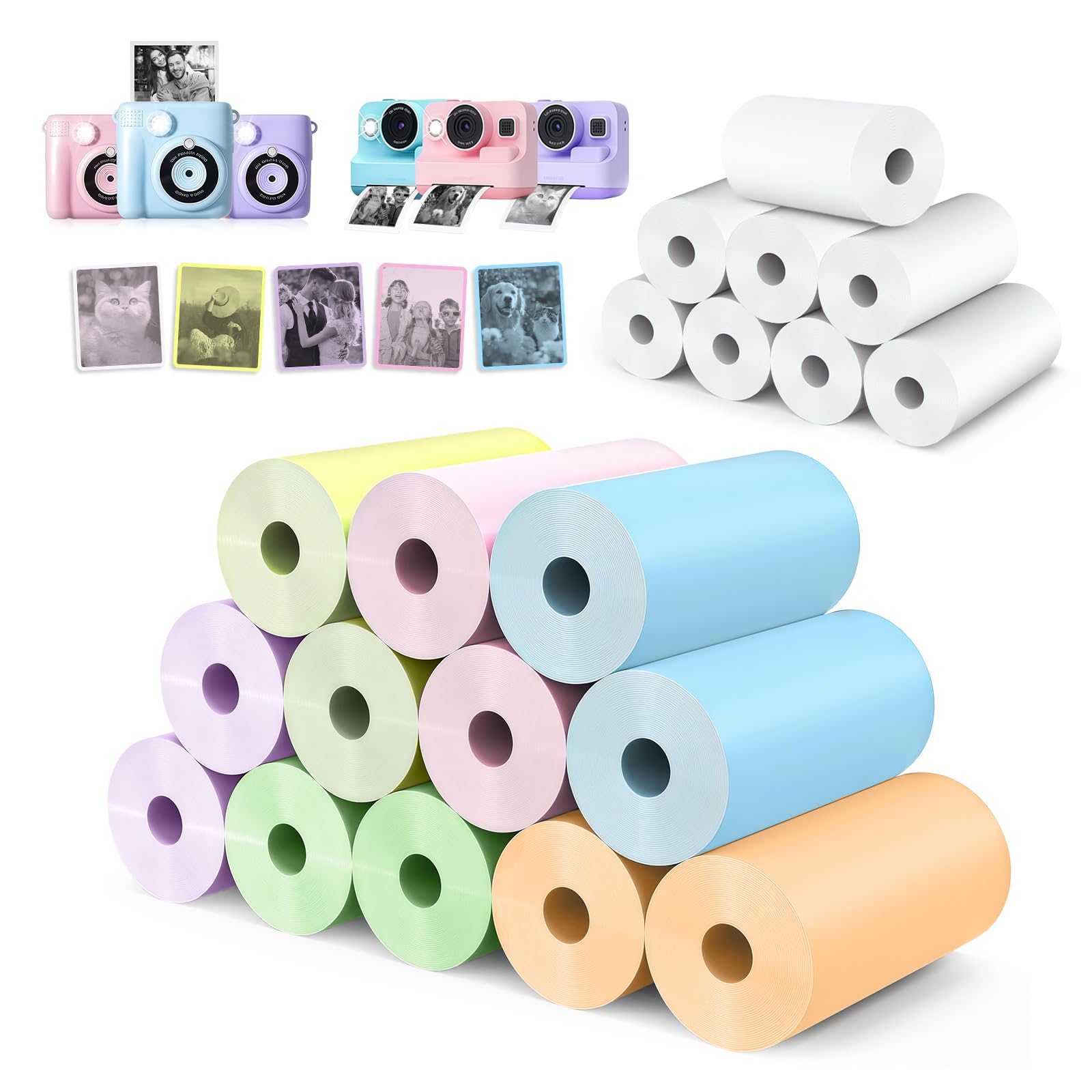 Flintronic 20 Rolls Colorful Thermal Paper for Kids Instant Print Camera, 57x25mm Photo Paper Refill, Zero Ink Printing, BPA Free, Compatible with Most Children's Mini Thermal Printers