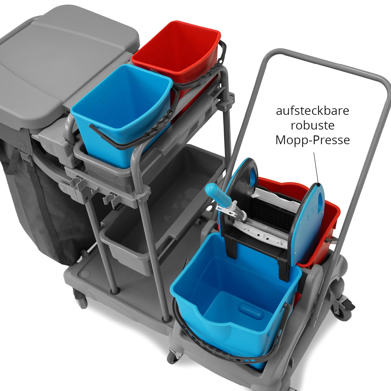 Hypafol Putzwagen Reinigungswagen 2x5 l + 2x18 l Eimer Doppelfahrwagen Moppresse Utensilbehälter Abfall-Eimer