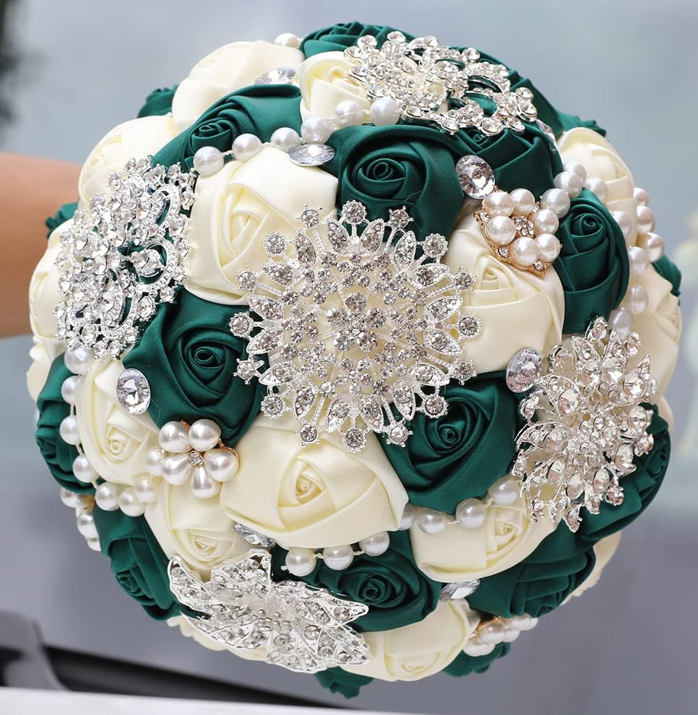 Sharebeauty 7.9 Inch Handmade Satin Rose Bridal Bouquet Toss Round Wedding Bouquet Throw Toss Artificial Flower Bunch Deep Green + Ivory