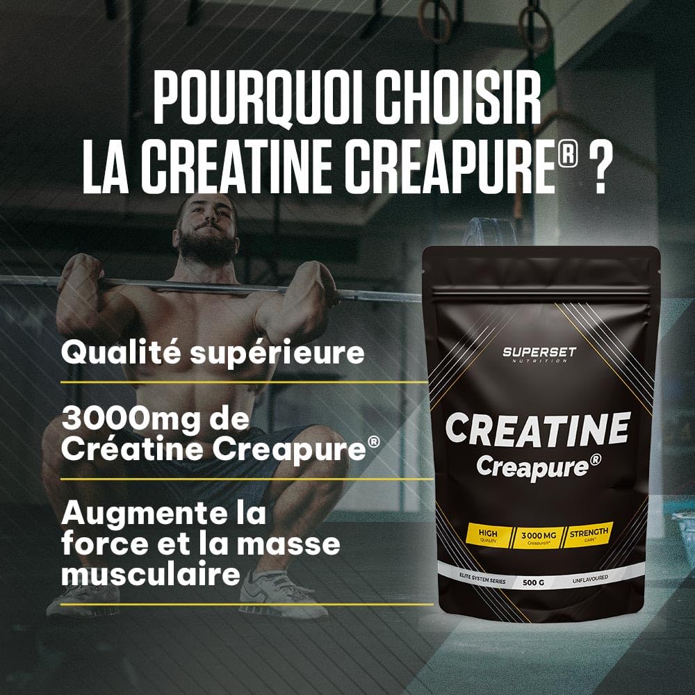 Superset Nutrition | Créatine Monohydrate Creapure® (500g) | Créatine pure en poudre | Certifiée Creapure®, 3g, absorbtion optimale et augmentation de la force