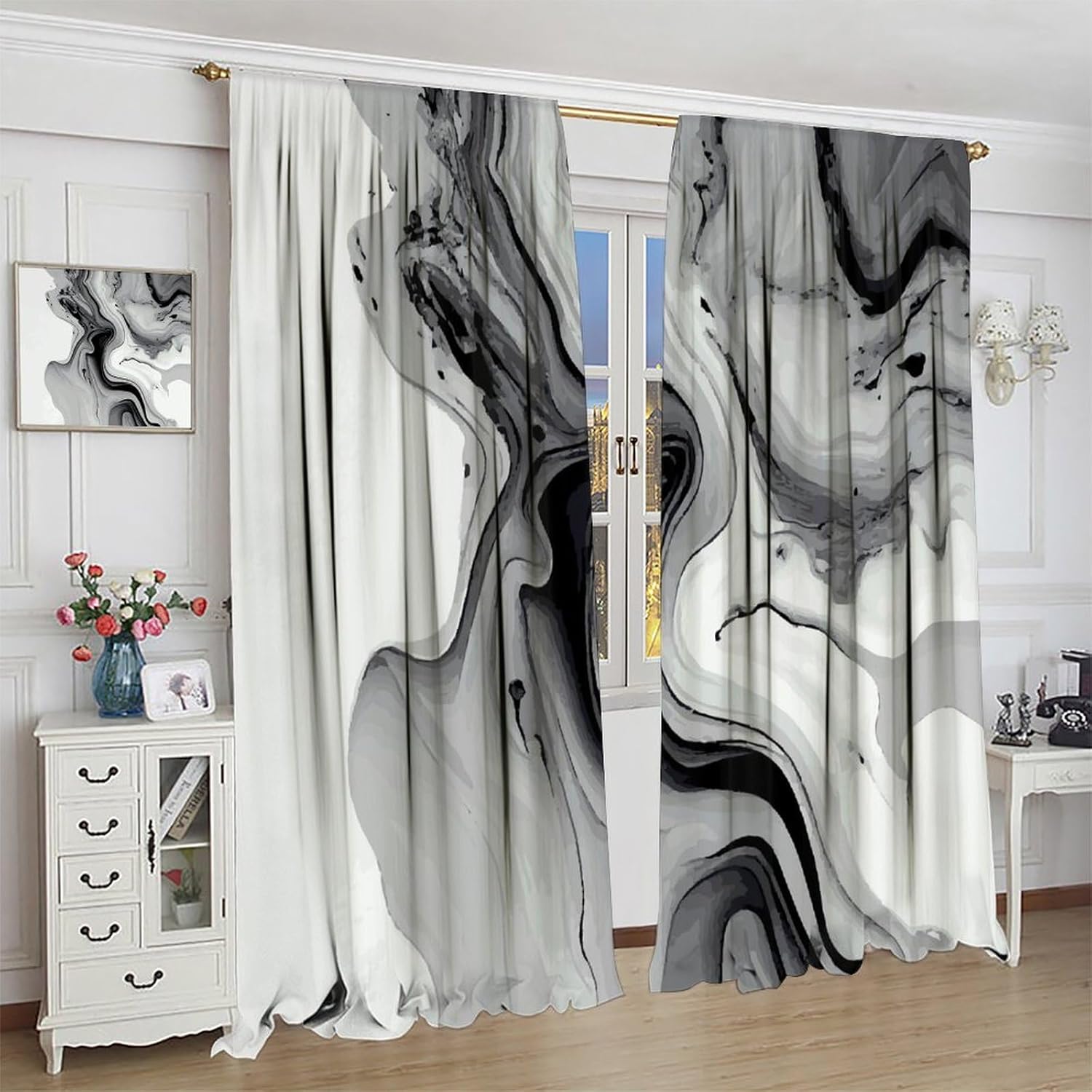 Marble Curtains, Black and White Gray Marble Modern Ink Abstract Texture Art Print Window Treatments Drapes for Bedroom Living Room Home Decor,2-Panel Set & Rod Pocket42x63in