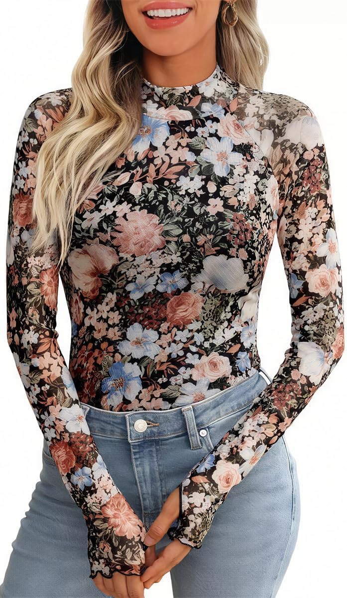 Floral Mesh Long Sleeve Lace Sheer Mockneck Trendy Cute Going Out Tops for Women Fall Fitted Sexy Fashion Outfits Clothes