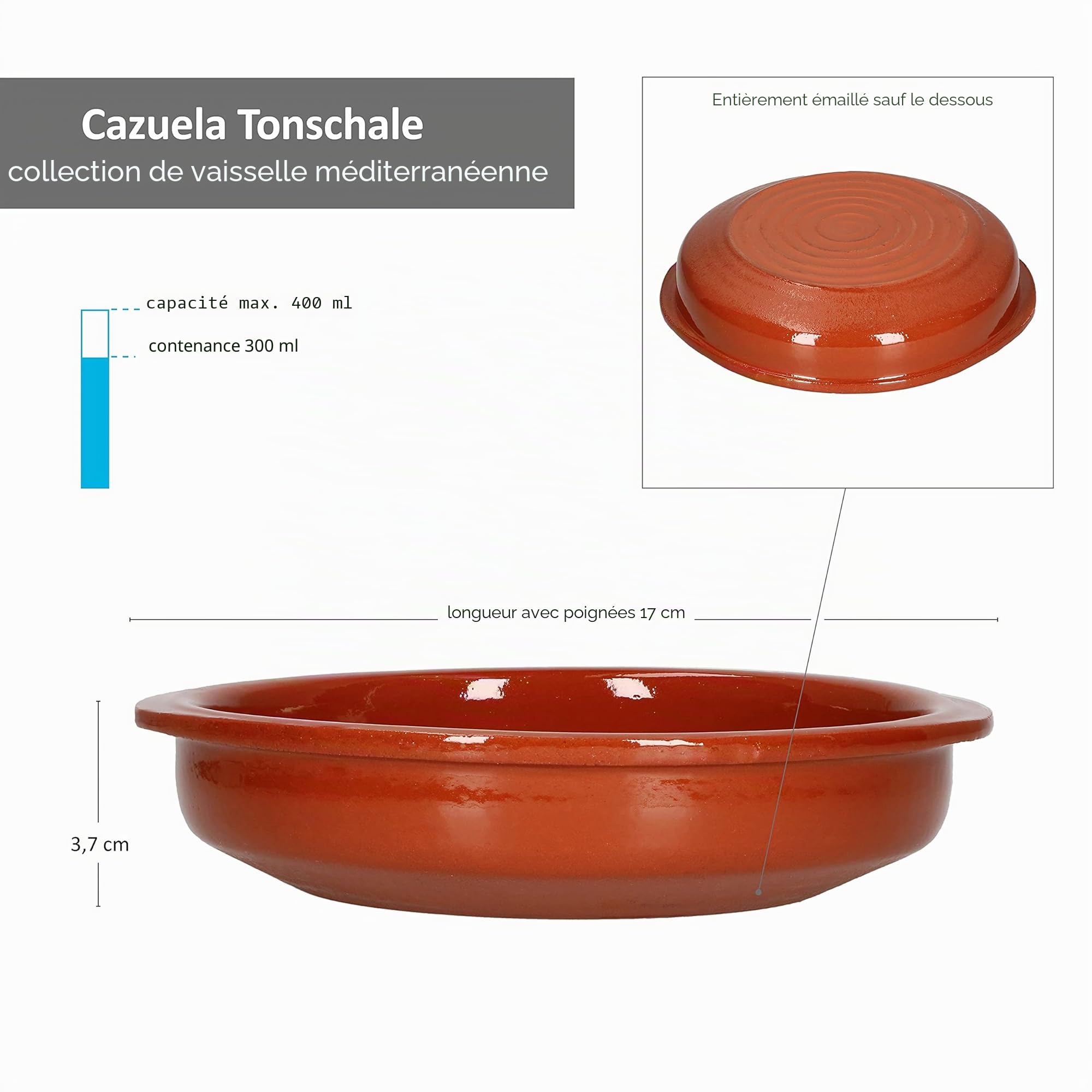 MamboCat Set de 6 Cazuela avec poignées Plat en terre cuite Ø 16 cm Taille M 300 ml 6 personnes Méditerranée Pièce unique faite à la main Tiramisu-Gratin Bouchées Marché médiéval