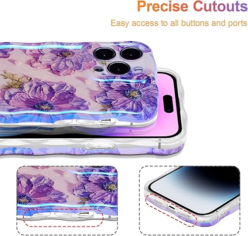 Miniatura 5 de EYZUTAK Funda para iPhone 13 Pro Max, colorida pintura al óleo retro impresa flor patrón brillante láser lindo borde ondulado rizado exquisita