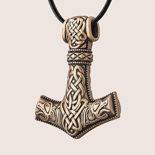 Mjolnir Pendant with Wolves - Thor's Hammer Necklace Size Medium - Viking Jewelry - Scandinavian Nordic Style - Norse Jewelry for Men Women