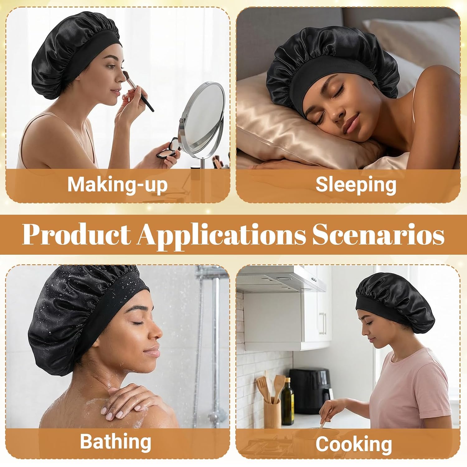 20 Pack Satin Bonnets for Women and Men Silk Sleep Bonnet Hair Wrap Cap for Curly Hair Protection Shower Cap Multi-Functional Wide Brim Design, Black