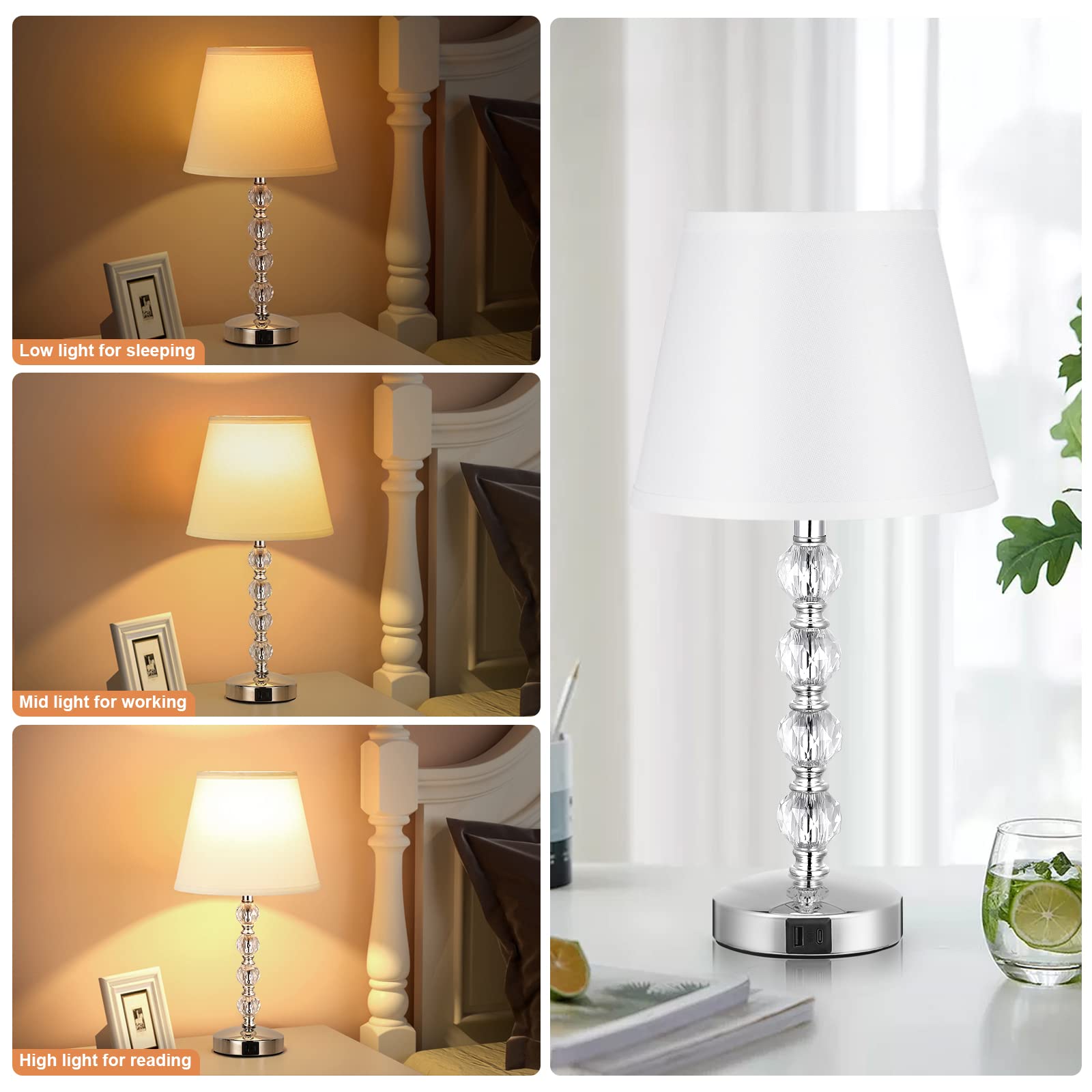 Acaxin Bedside Lamps for bedrooms Set of 2 - Crystal Nightstand Bedroom Lamps with USB C USB-A Charging Ports, 3 Way Dimmable Touch Control Silver Small Bed Side Table Lamp for Living Room/Guest Room