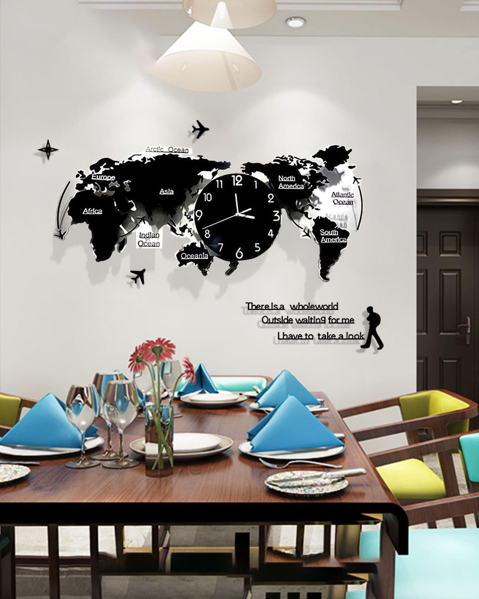 Large Modern World Map Wall Clock - Silent Battery Operated Acrylic Timepiece for Home Office Decor
