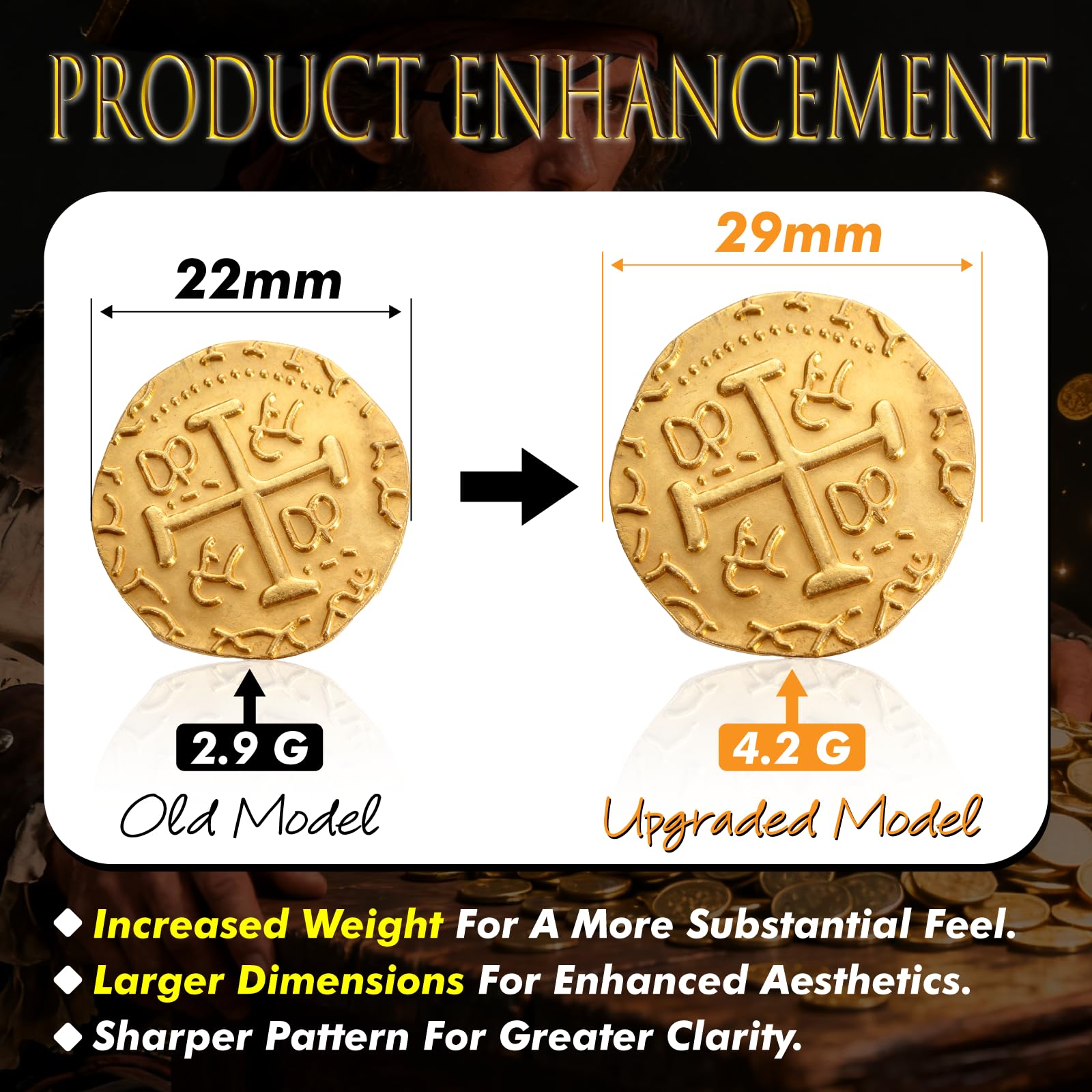 ZUCOS Accessori per monete da pirata, set di monete d'oro, in metallo, decorazione per giochi da tavolo DND, cosplay, imitazione di denaro medievale, tesoro dei pirati (35 pezzi)