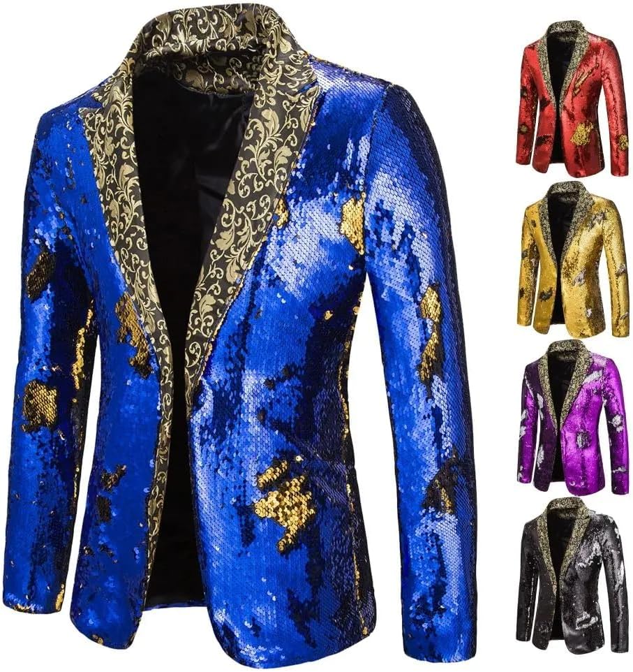 Men's Suit Sequin Shawl Collar Blazer Men Wedding Groom Singer Dance Sequin Jacket