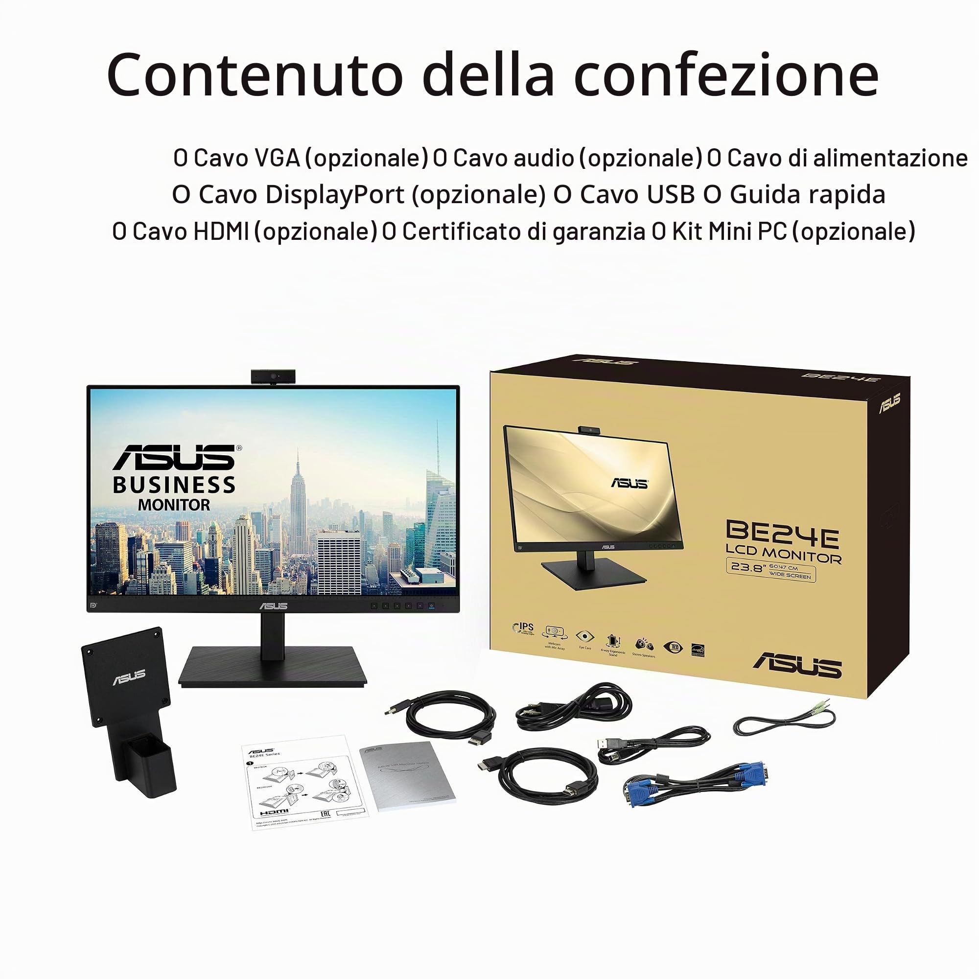 ASUS BE24EQSK, Monitor per Video Conferenze da 23,8" IPS Full HD, Nero | Design Senza Cornice, Webcam FHD, Porta per il Microfono e HDMI, Altoparlanti, Tecnologia Eye Care e Anti-Sfarfallio