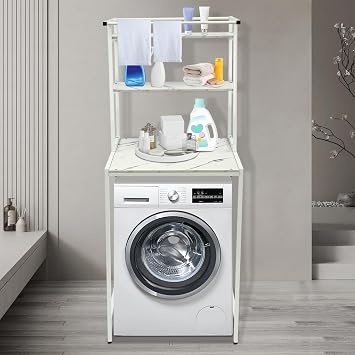 3 Tiers Washer Dryer Stacking Rack Stand, Heavy Duty Over Washer&Dryer Shelves with Adjustable Shelf, Space Saver Stackable Storage Shelf for Laundry Room Apartments BedroomsWhite+Marble