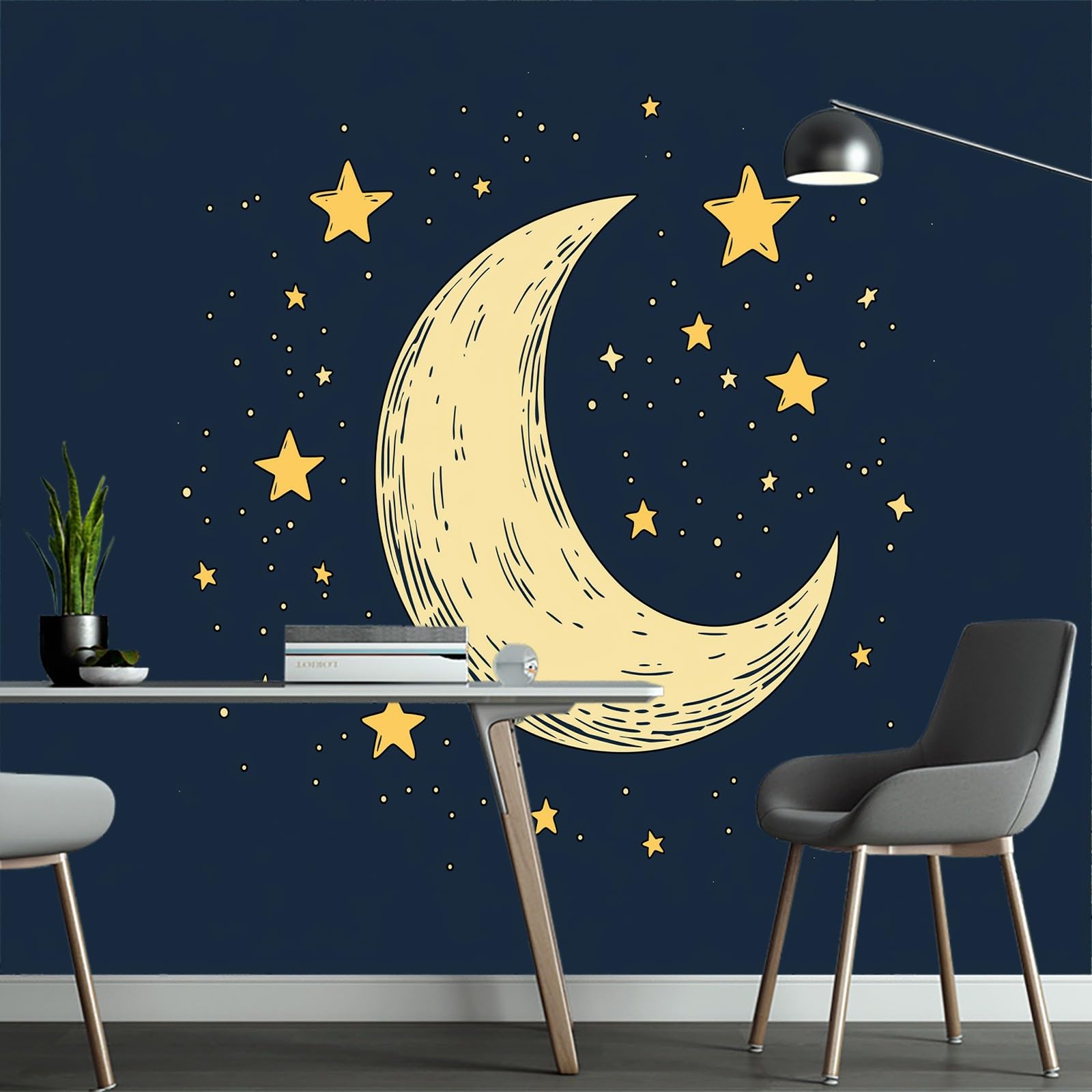 Tapeta ścienna z księżycem i gwiazdami w stylu Doodle, fototapeta, księżyc i gwiazdy, tapeta ścienna, 400 x 280 cm (szer. x wys.), dekoracja ścienna, tapeta dekoracyjna, tapeta ścienna, tapeta do