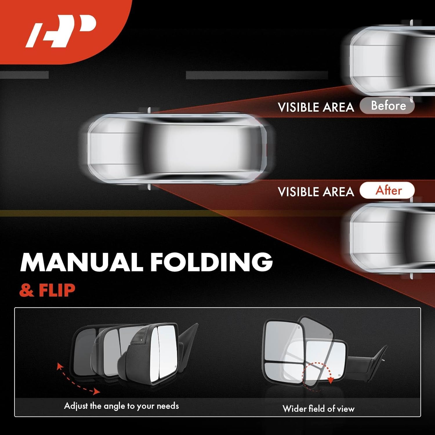 A-Premium Pair Towing Mirrors Compatible with Ram & Dodge Models, 1500 2500 3500, 2009 2010 2011 2012 2013 2014 2015 2016 - Manual Folding Flip Up - w/Power Glass Heated Turn Signal Puddle Light