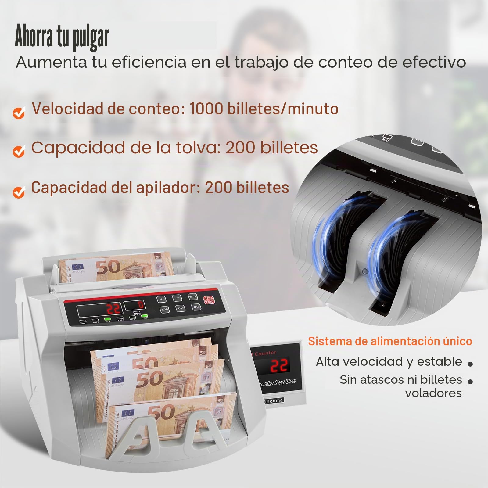 VEVOR Contador de Billetes Profesional, 1000 PCS por Minuto, Contadora de Dinero con Detección de Falsos UV/MG/IR/DD, Máquina Contar Billetes EUR GBP USD, Pantalla LED, para Tiendas y Bancos