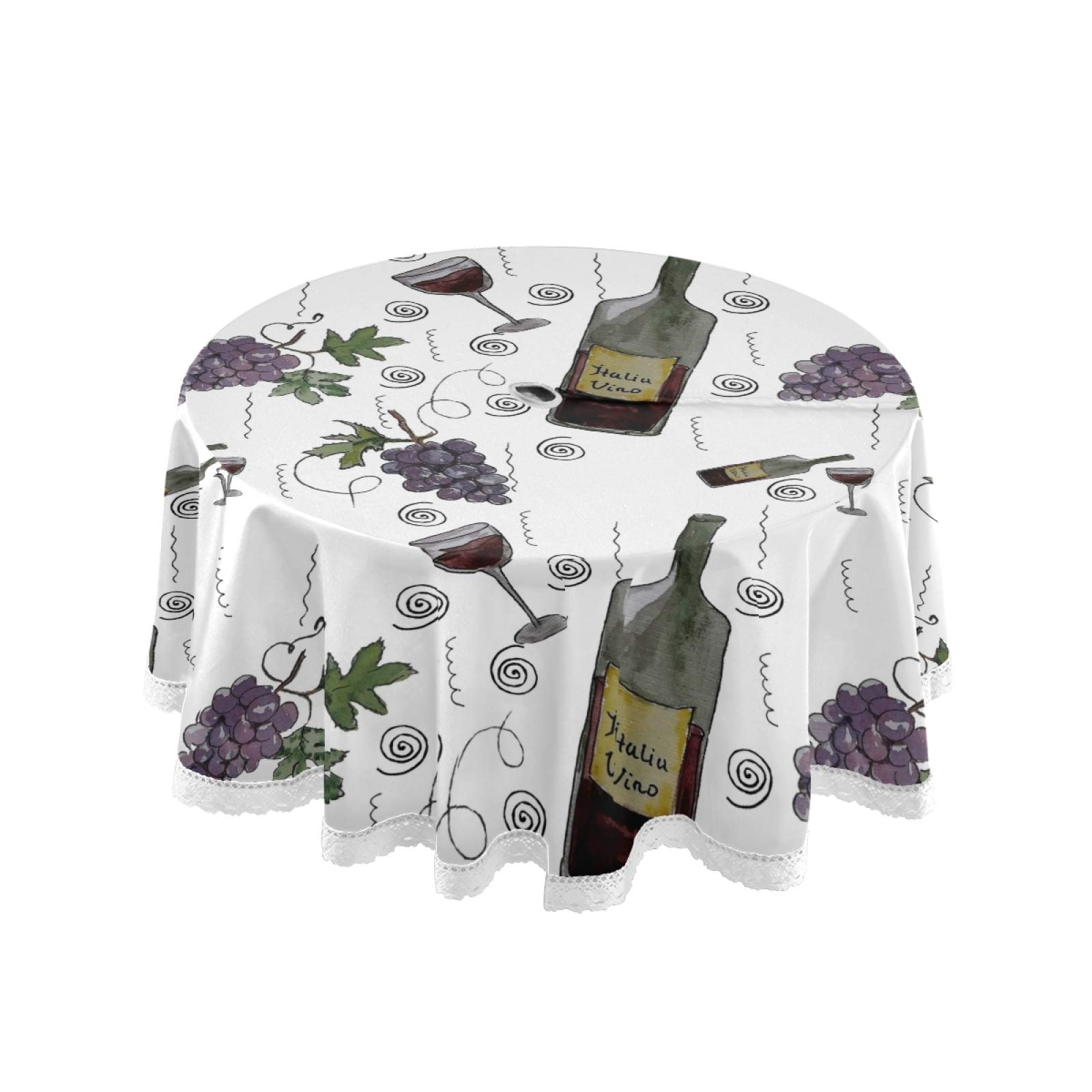 JUNZAN Wine Bottles and Grapes Outdoor Round Tablecloth with Zipper and Umbrella Hole for Host Backyard Parties, BBQs Family Gatherings Weddings 60" Round