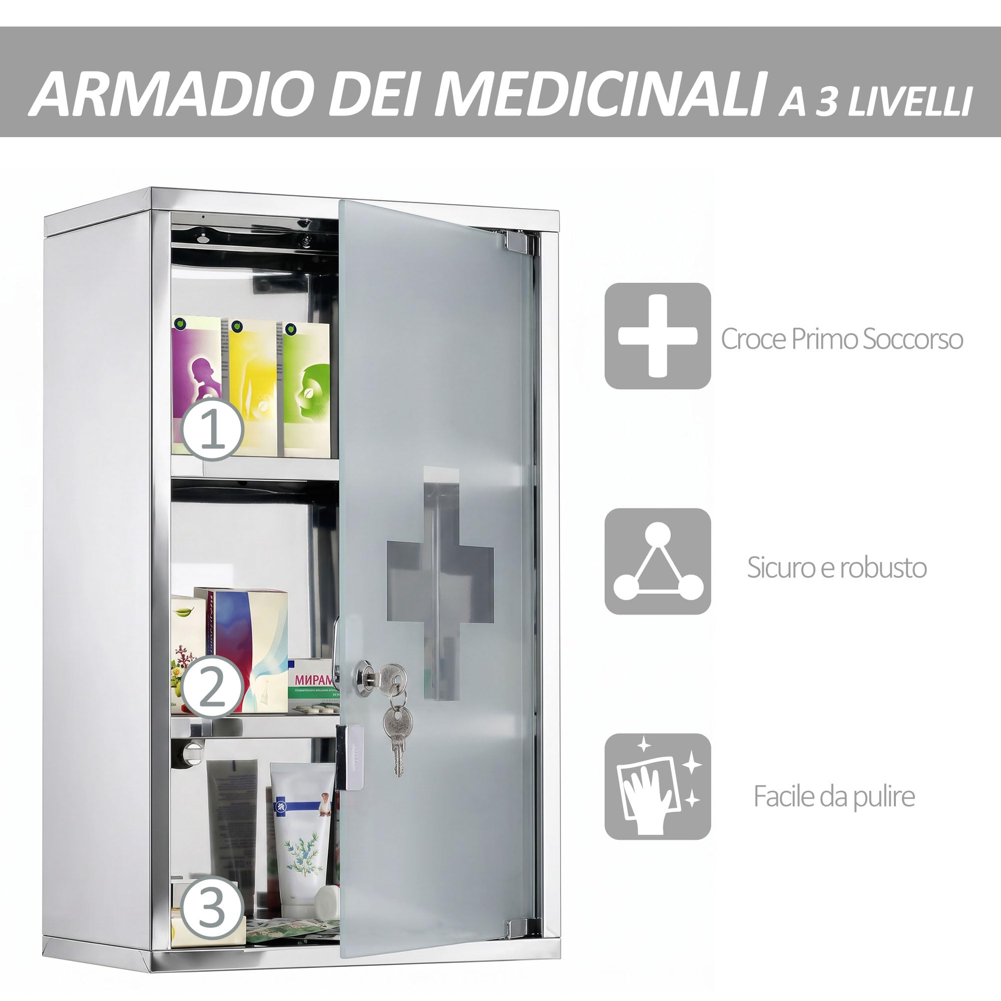 HOMCOM Armadietto medicinali 50x30x18cm Cassetta mobile bagno primo soccorso in acciaio inox con serratura