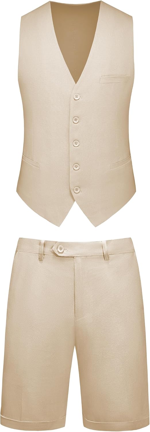 Mens 2-Piece Linen Summer Suit - Beach Wedding Guest Outfit with Vest and Shorts Set