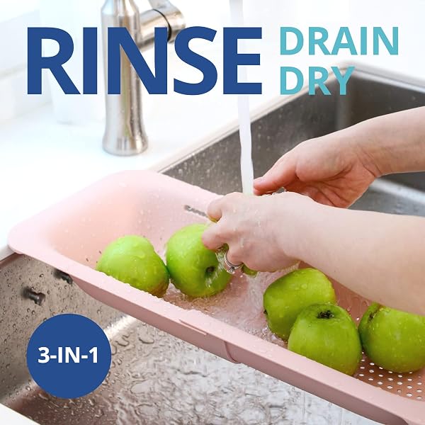 Blue Ginkgo Sink Strainer - Washes Vegetables and Fruits, Drains Cooked Pasta and Dry Dishes - Extendable - New Home Kitchen Essentials - 3