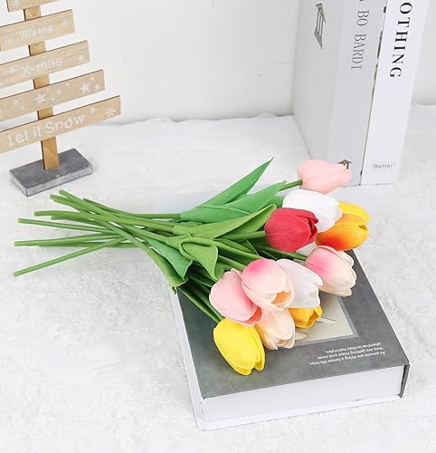 Miniatura 10 de IPOPU Tulipanes artificiales de 12 piezas de flores rosas de aspecto real artificiales para decoración, tulipanes de látex de tacto real para mesa,