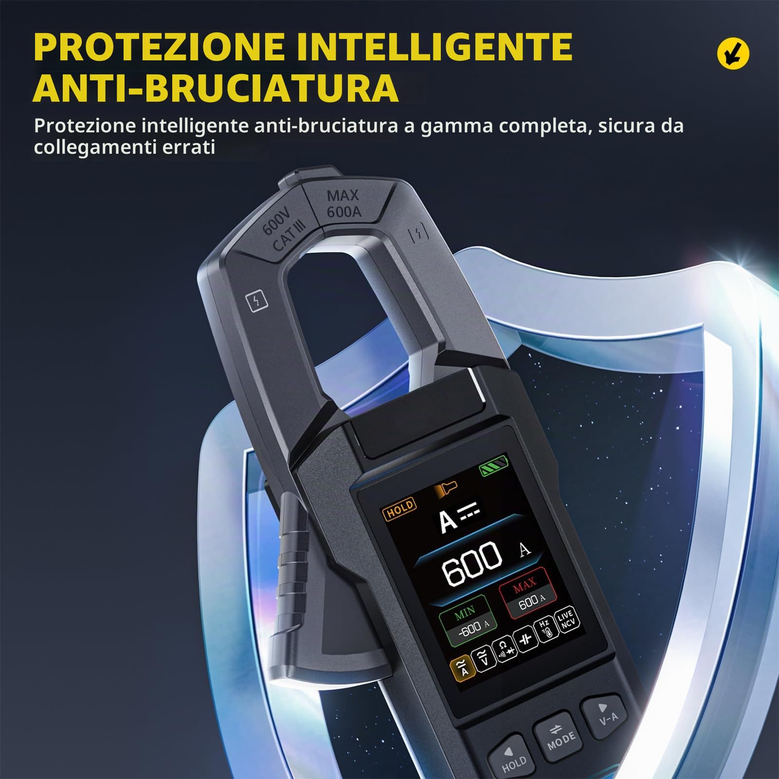 Pinza Amperometrica Multimetro Digitale 10000 Conti AC DC Voltmetro con Illuminazione LED Misure di Resistenza Capacitanza Tensione Corrente Temperatura Frequenza Diodi DMC-100