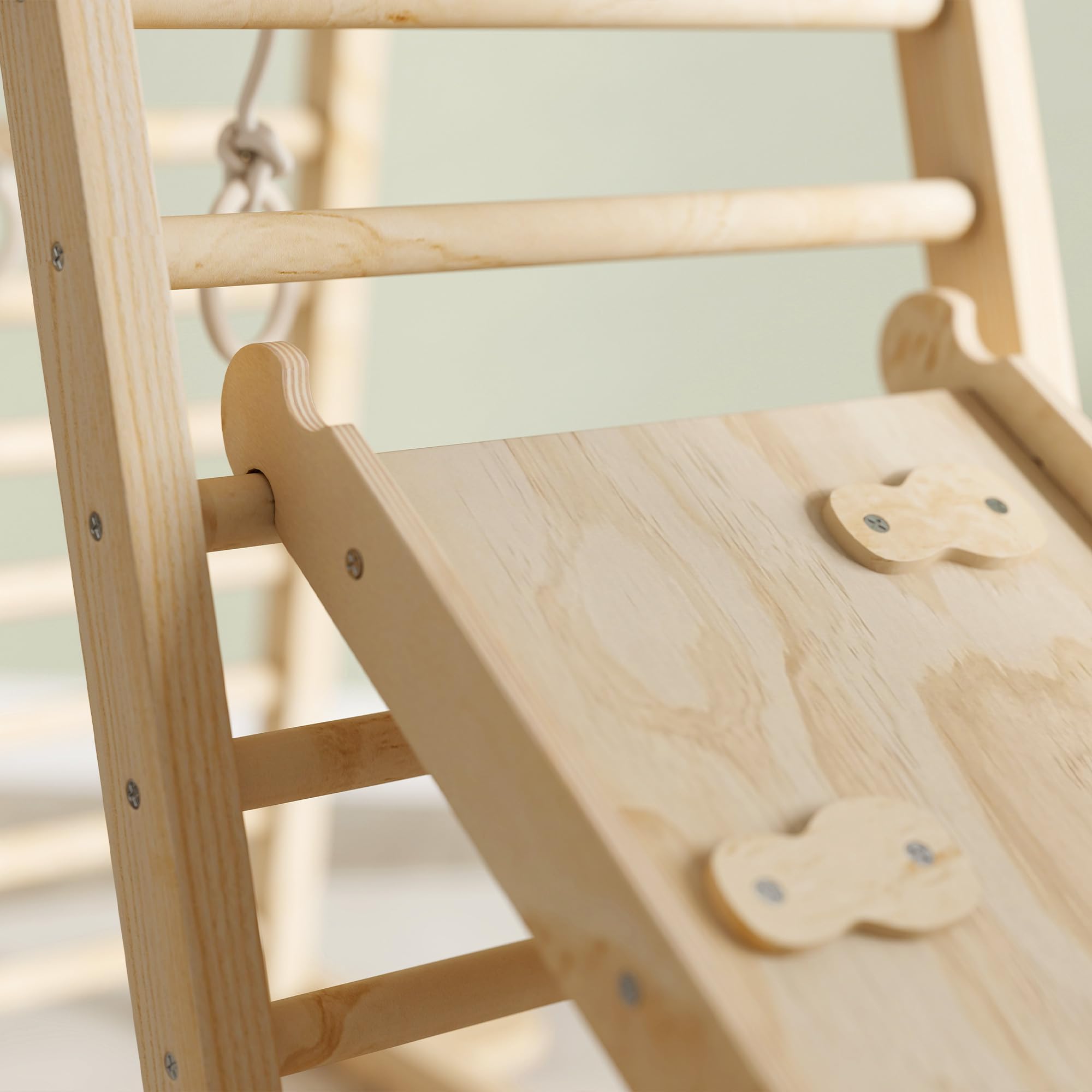 AIYAPLAY 6 en 1 Triángulo de Escalada Montessori, Estructura de Escalada de Madera con Plataforma, Anillos y Tobogán, para Deslizarse o Escalar, para Niños de 18-48 Meses, Interiores, Natural
