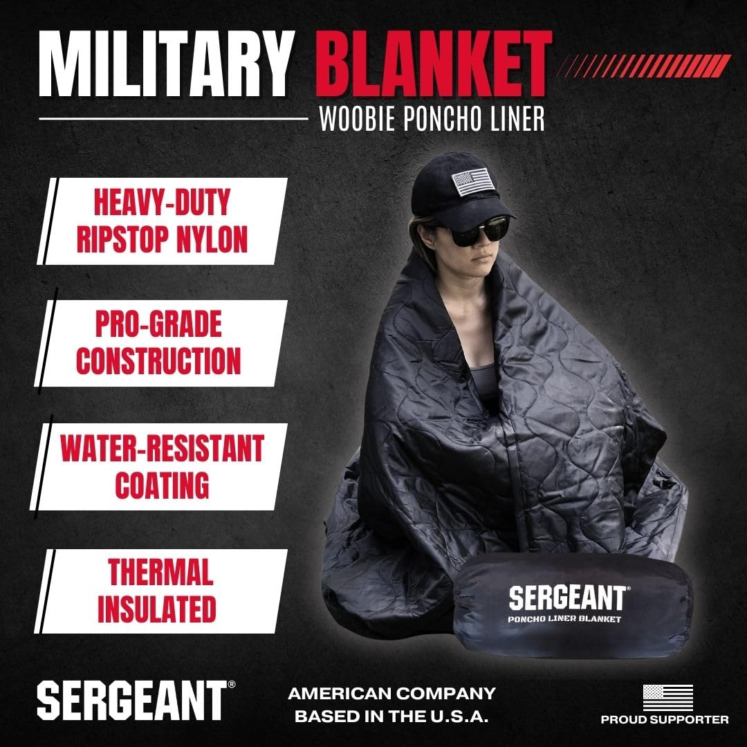 SERGEANT Poncho Liner Woobie Camping Blanket and Carry Bag. Waterproof, Windproof, Military-Grade, All-Weather Rugged Rip-Stop, Camping, Hunting, Hiking, Picnic, Survival, Outdoor Blanket in Black