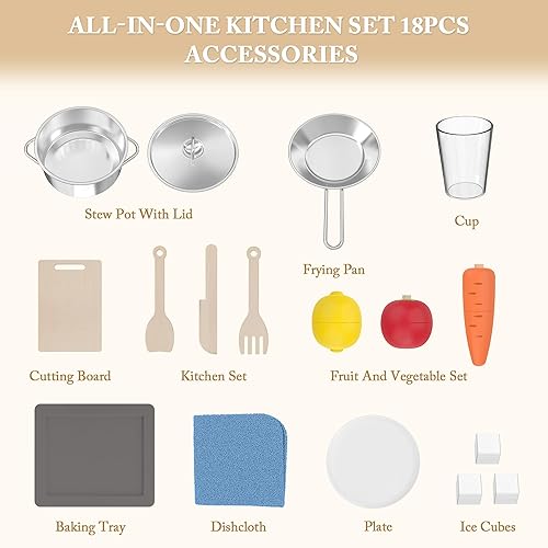 Miniatura 6 de Freniland Juego de cocina de madera para niños con estufa realista, campana extractora, horno, máquina de hielo, microondas, fregadero, con luz y