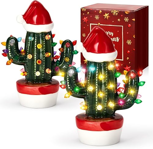 Cactus de Navidad de cerámica, vintage, mesa de árbol de Navidad de cerámica, cactus nocturno, decoración nostálgica de cactus de Navidad,