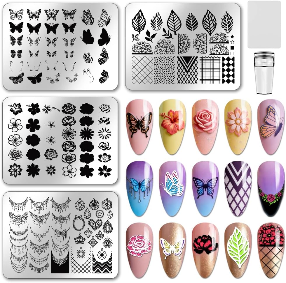 PH PandaHall 4pcs Swirl Pattern Nail Stamping Plates French Nails Art Templates Flower Nail Image Plate Swirl Leaf Stainless Steel Nail Stamper with Tool for Women DIY Manicures Salon Design