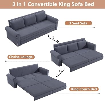 93.7 King Pull Out Sofa Bed, 3 in 1 Convertible Sleeper Sofa, 3 Seat Couch with Nailhead Trim & Rolled Arm for Living Room, Apartment, Office, Grey