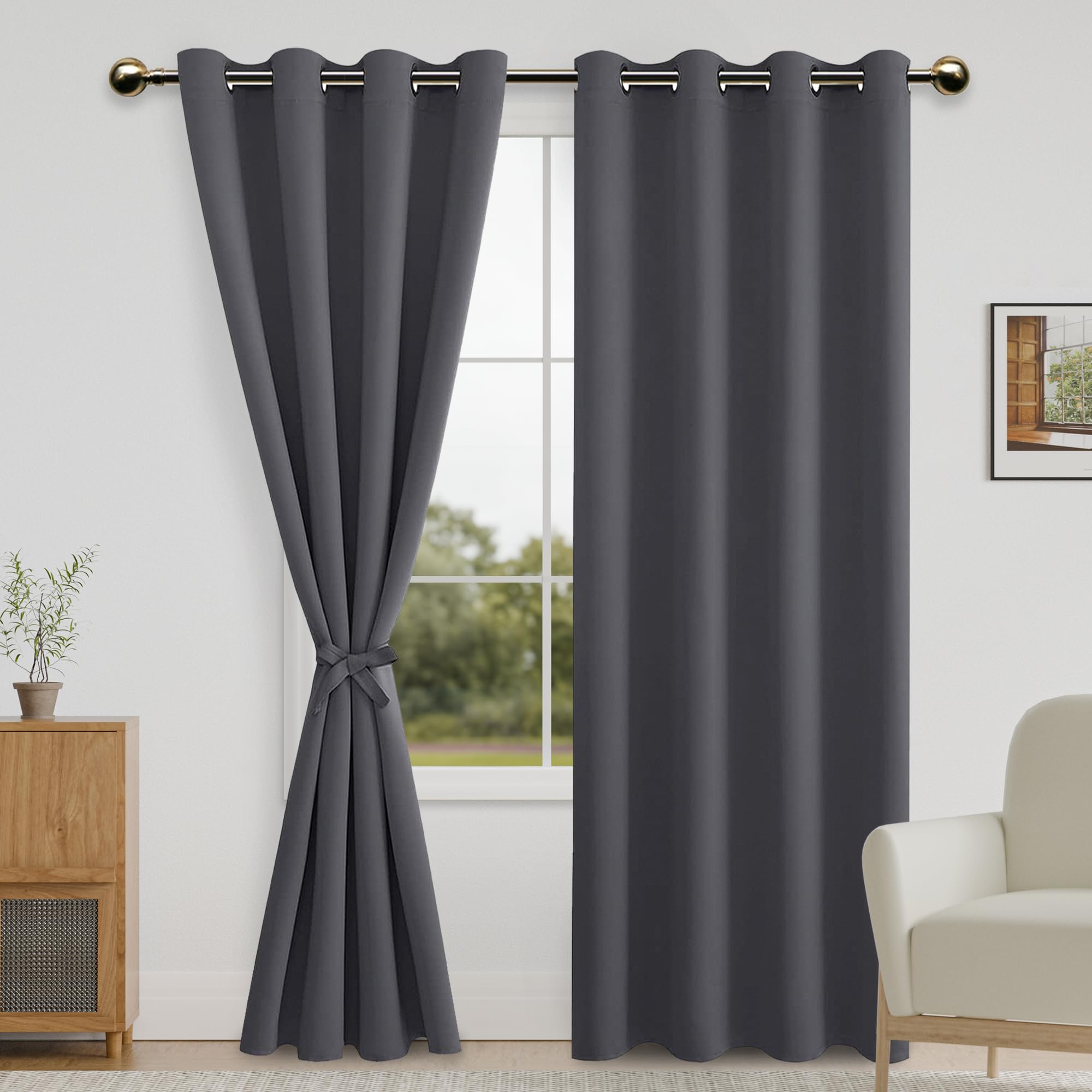 DWCN 84 Inch Long Blackout Curtains for Bedroom with Tiebacks - Thermal Insulated Light Blocking Grommet Window Curtains for Living Room, 52 x 84 inch Long, Dark Grey, Set of 2 Panels — image 1