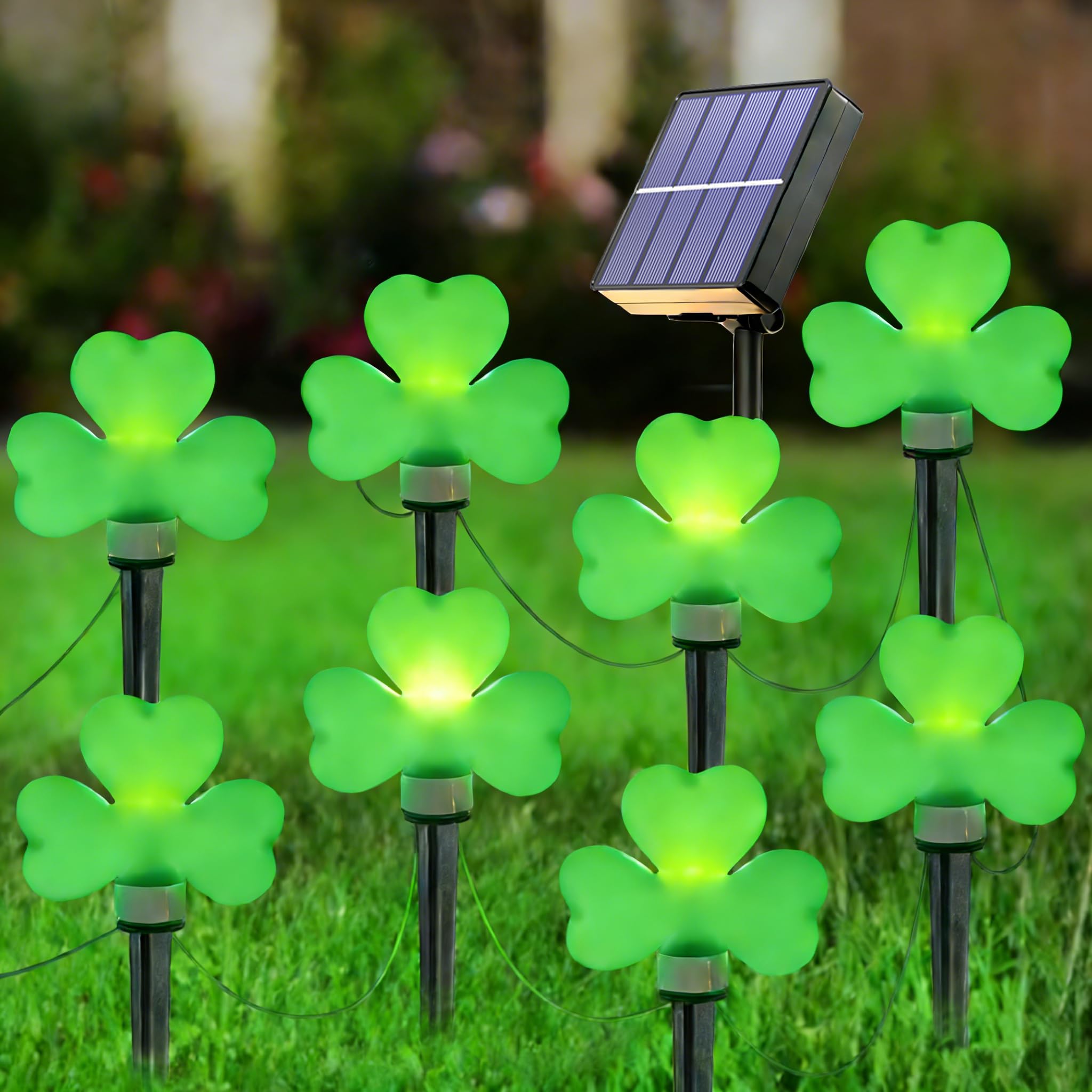 St Patricks Day Decorations Solar Garden Lights Outdoor Waterproof 8 Pack Green Shamrock Three Leaf Lucky Clover Solar