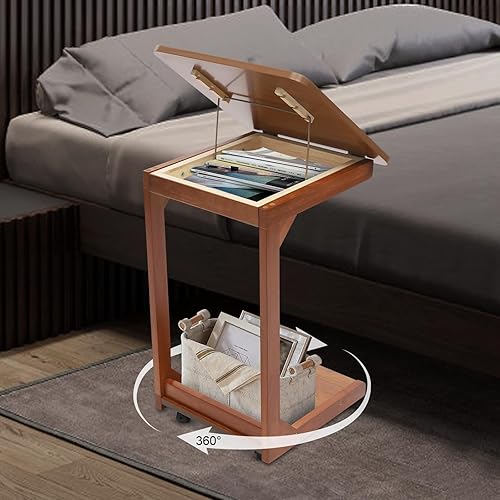 Miniatura 4 de Mesa auxiliar en forma de C con ruedas, mesa auxiliar de madera de 2 niveles para sofá, bandeja de TV, mesa de lectura con almacenamiento ajustable