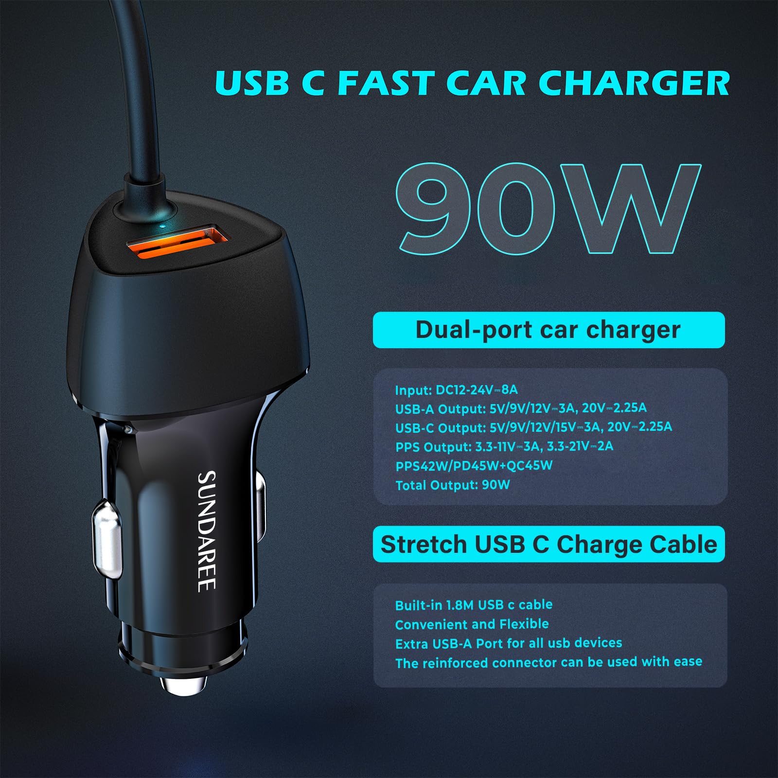 SUNDAREE Caricatore Auto USB C,90W 12V 24V PD QC Carica Rapida Tipo C Cavo Spirale Caricabatterie Accendisigari Adattatore per iPhone 15/Xiaomi redmi Note 13/POCO X6/Samsung A55/Galaxy Tab/Macbook Pro