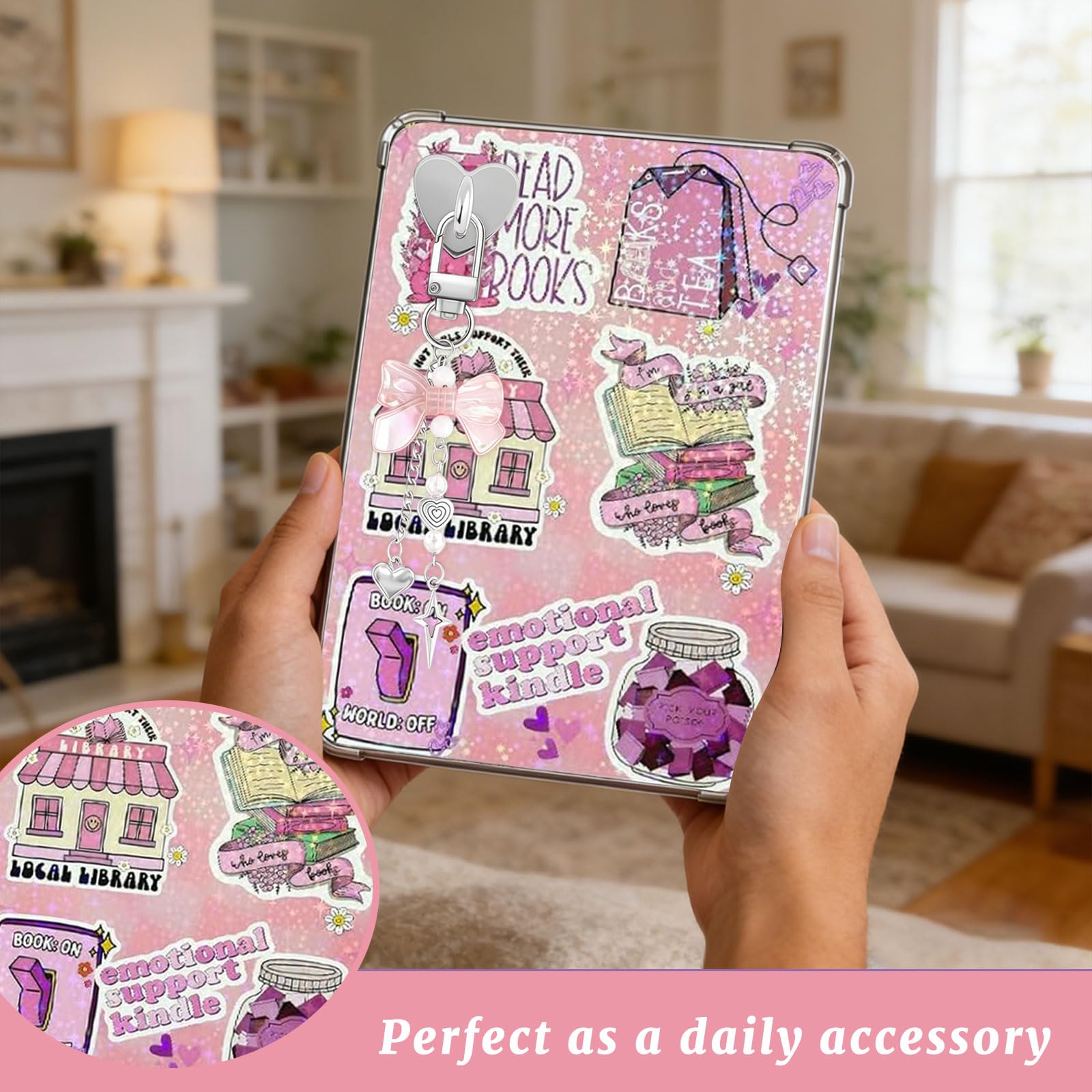 Set Decorativo Rosa VelvetGlow 6 Inserti e 2 Ciondoli in Perla per Custodia E-Reader Compatibile con Paperwhite 11ª/12ª Gen