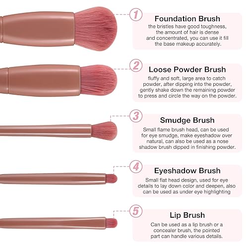 Miniatura 4 de Boobeen Kit de 5 brochas de maquillaje, base de polvo para mezclar, corrector, sombras de ojos, cosméticos, brochas multifuncionales para la cara,