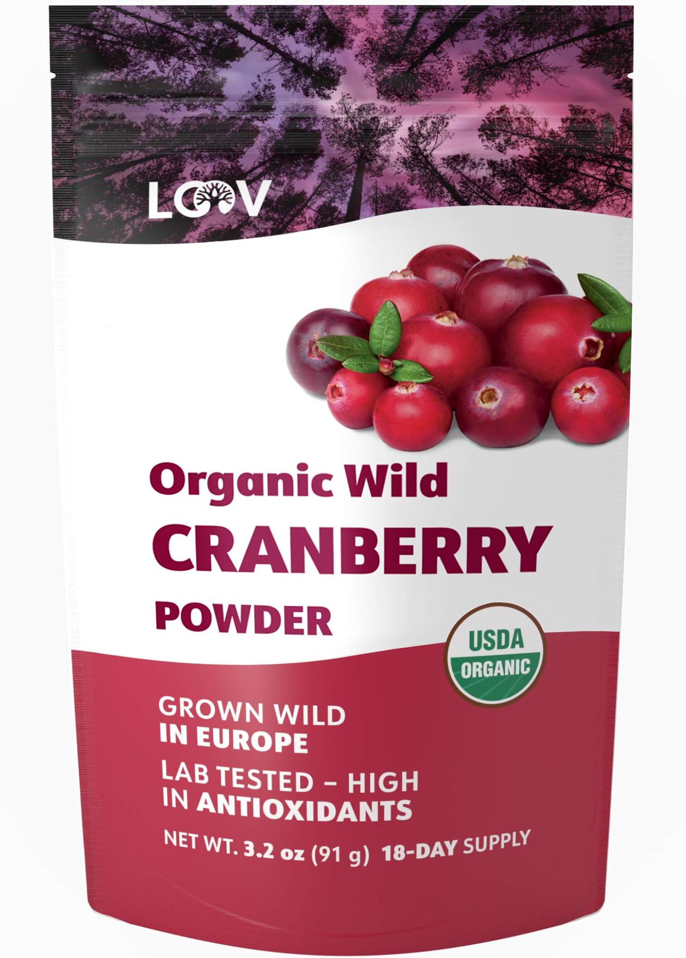 Organic Freeze-Dried Cranberry Powder – Pure, 100% Natural Wild Whole Fruit, Certified Organic from Nordic Forests – Non-GMO, No Added Sugar – 3.2oz (18 Servings)